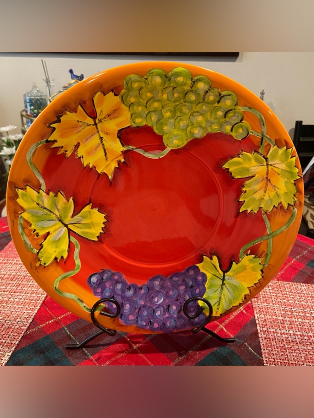 Hand-Painted Fruit & Vine Decorative Plate - Vibrant Red, Orange, Green, Purple